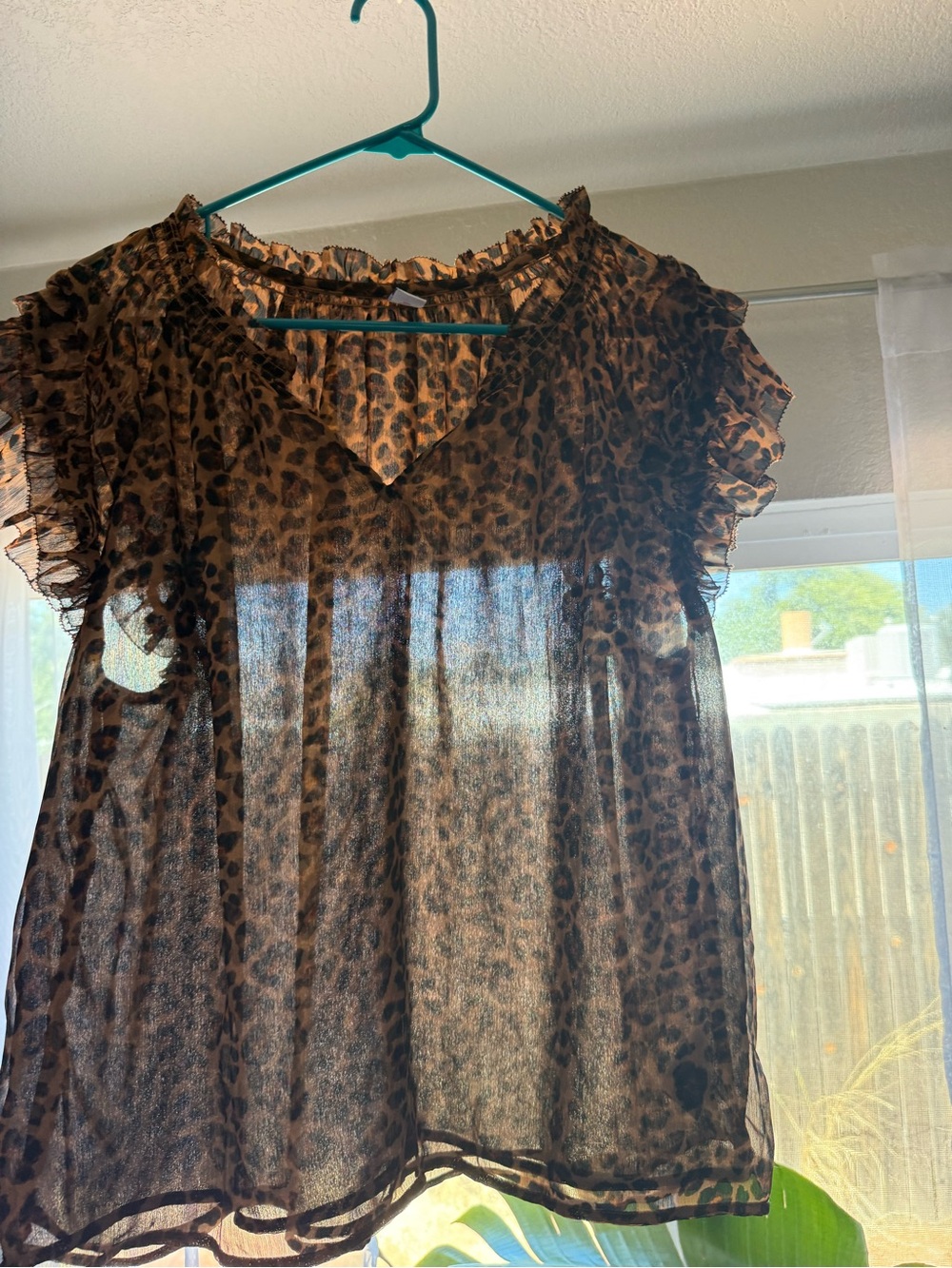 Old Navy Leopard Print Ruffle Sheer Sleeve Top - Picture 2 of 6